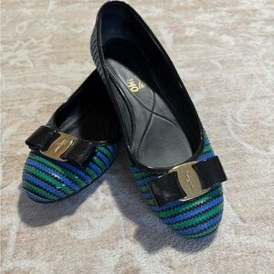 Salvatore Ferragamo Black and Blue Striped Flats
